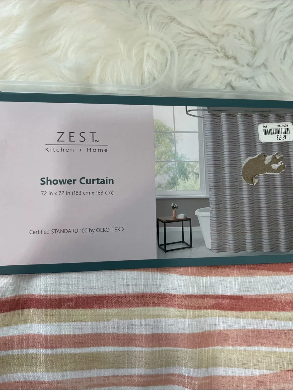 ZEST Kitchen + Home Striped Shower Curtain 72x72 Coral Beige White